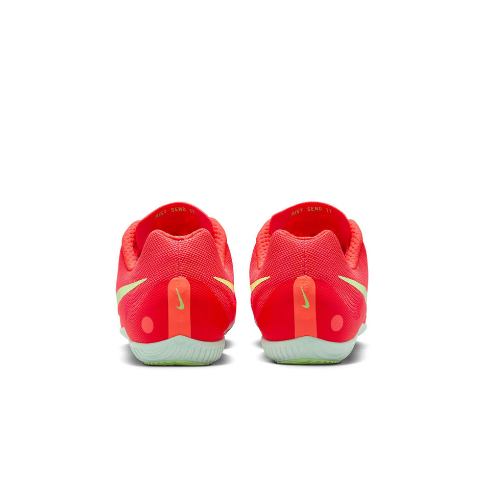 The back of a pair of Nike Zoom Rival Track & Field Multi-Event Spikes in the Bright Crimson/Washed Coral-Lime Blast colourway. (8574678794402)