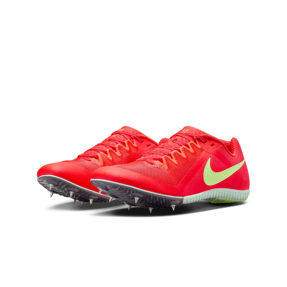 A pair of Nike Zoom Rival Track & Field Multi-Event Spikes in the Bright Crimson/Washed Coral-Lime Blast colourway. (8574678794402)