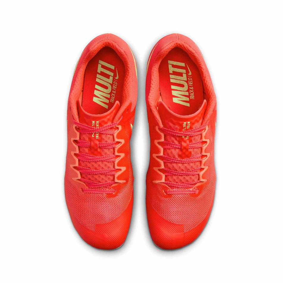 The uppers on a pair of Nike Zoom Rival Track & Field Multi-Event Spikes in the Bright Crimson/Washed Coral-Lime Blast colourway. (8574678794402)