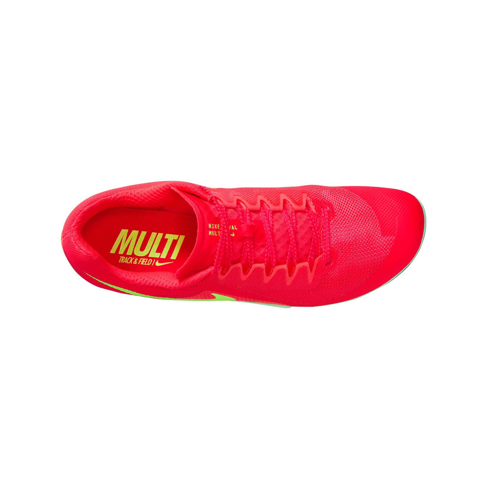 The upper of the right shoe from a pair of Nike Zoom Rival Track & Field Multi-Event Spikes in the Bright Crimson/Washed Coral-Lime Blast colourway. (8574678794402)