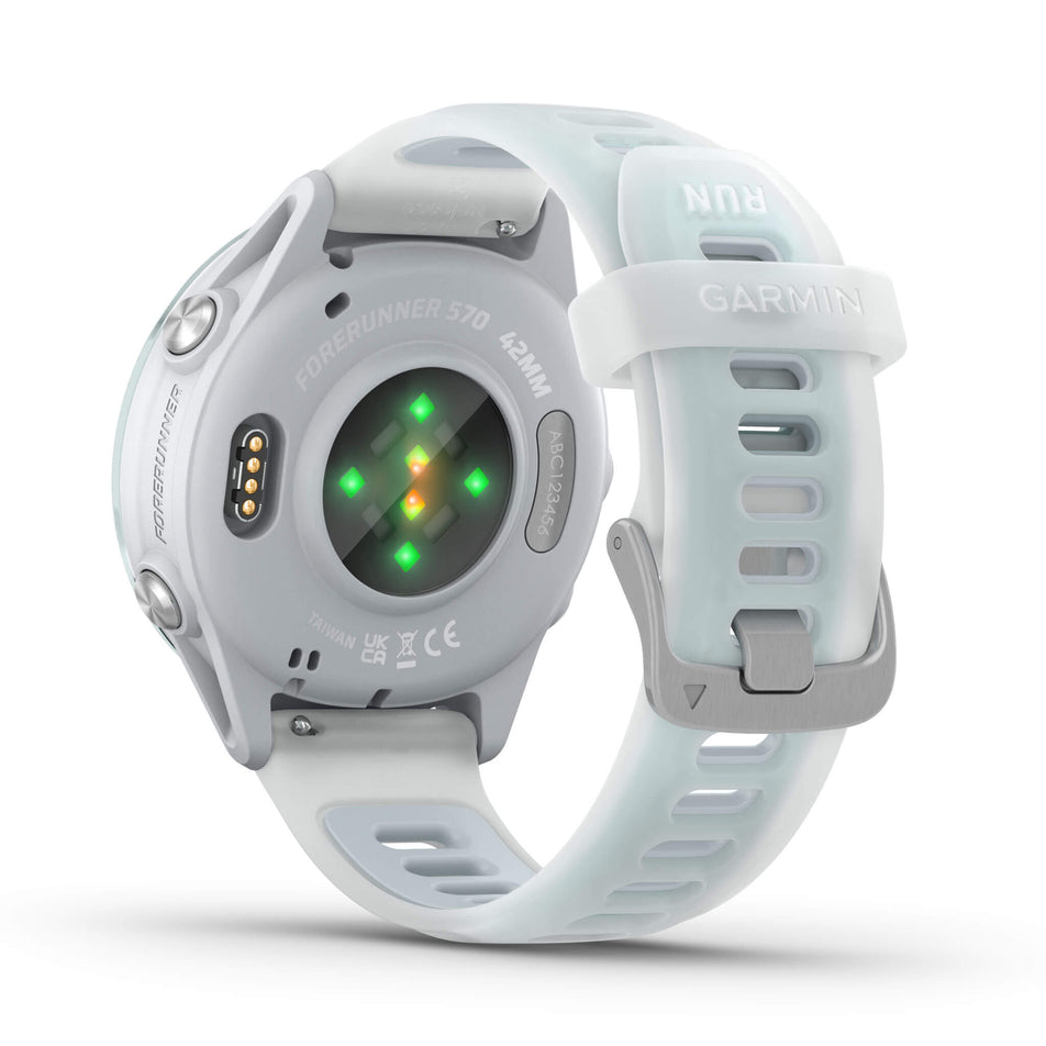 A Garmin Forerunner 570 in the 42mm case size. Cloud Blue Aluminium with Translucent Whitestone/Cloud Blue Band. Back of watch and wrist-based heart rate monitor.
(8692096991394)