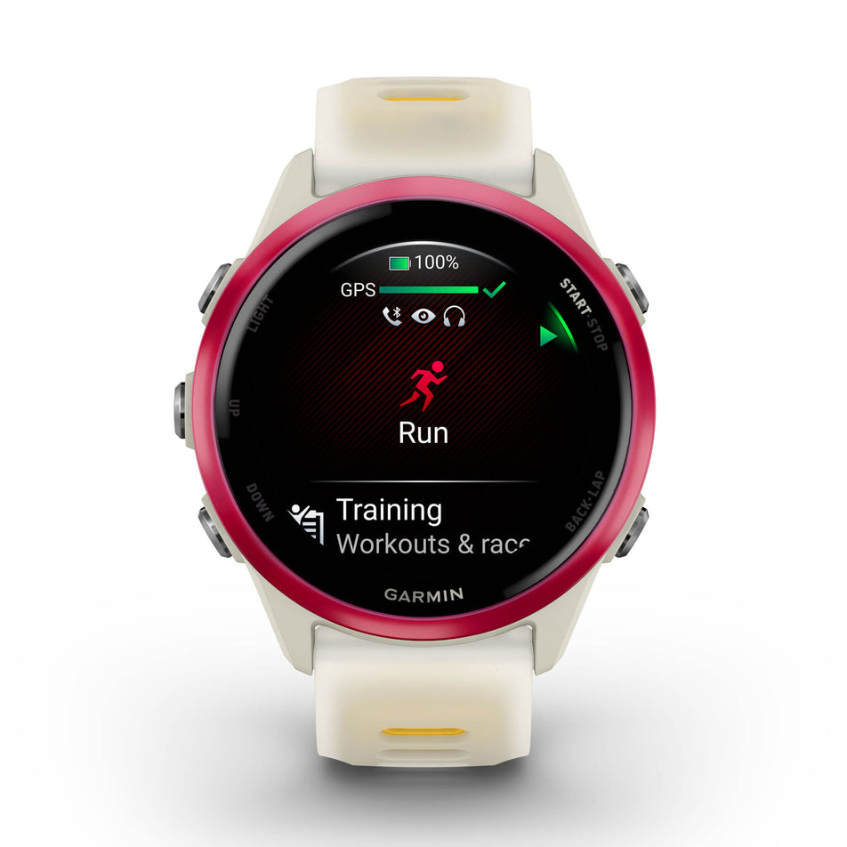 A Garmin Forerunner 570 in the 42mm case size. Raspberry Aluminium with Translucent Bone/Mango Band. Run start screen. (8692224426146)