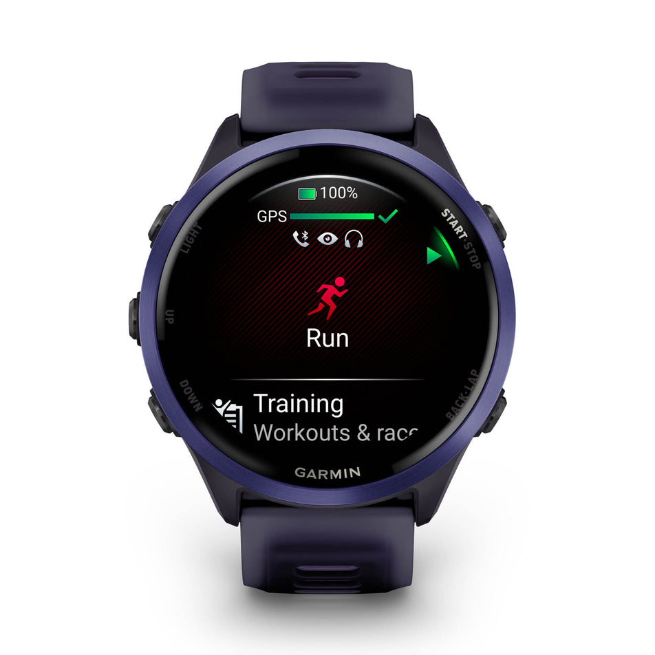 A Garmin Forerunner 570 in the 47mm case size. Indigo Aluminium with Translucent Imperial Purple/Indigo Band. Run start screen. (8692392231074)