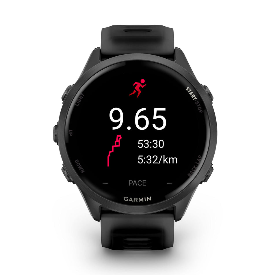 A Garmin Forerunner 570 in the 47mm case size. Slate Grey Aluminium with Translucent Black/Black Band. Post-run stats screen. (8692375322786)