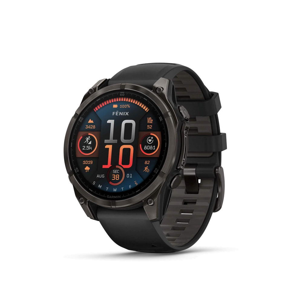 A Garmin fēnix 8 in the 47mm case size. Carbon grey DLC with Black/pebble grey silicone band. Main screen.