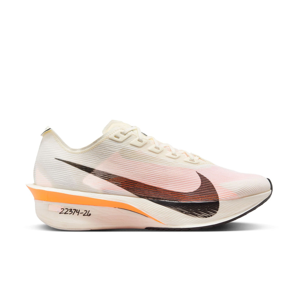 Lateral view of the right shoe from a pair of Nike Women's Vaporfly 4 Proto Road Racing Shoes in the Sail/Black-Total Orange-White colourway. (8635888500898)
