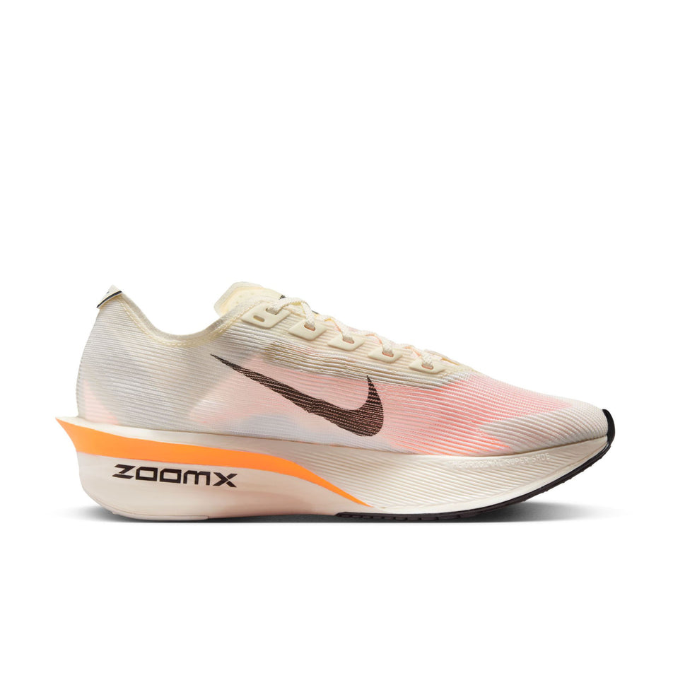 Medial view of the left shoe from a pair of Nike Men's Vaporfly 4 Proto Road Racing Shoes in the Sail/Black-Total Orange-White colourway. (8635888500898)