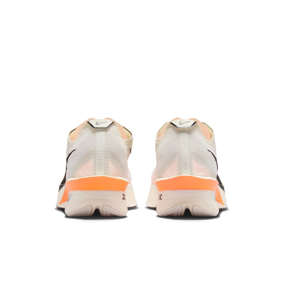 The back of a pair of Nike Women's Vaporfly 4 Proto Road Racing Shoes in the Sail/Black-Total Orange-White colourway. (8635888500898)