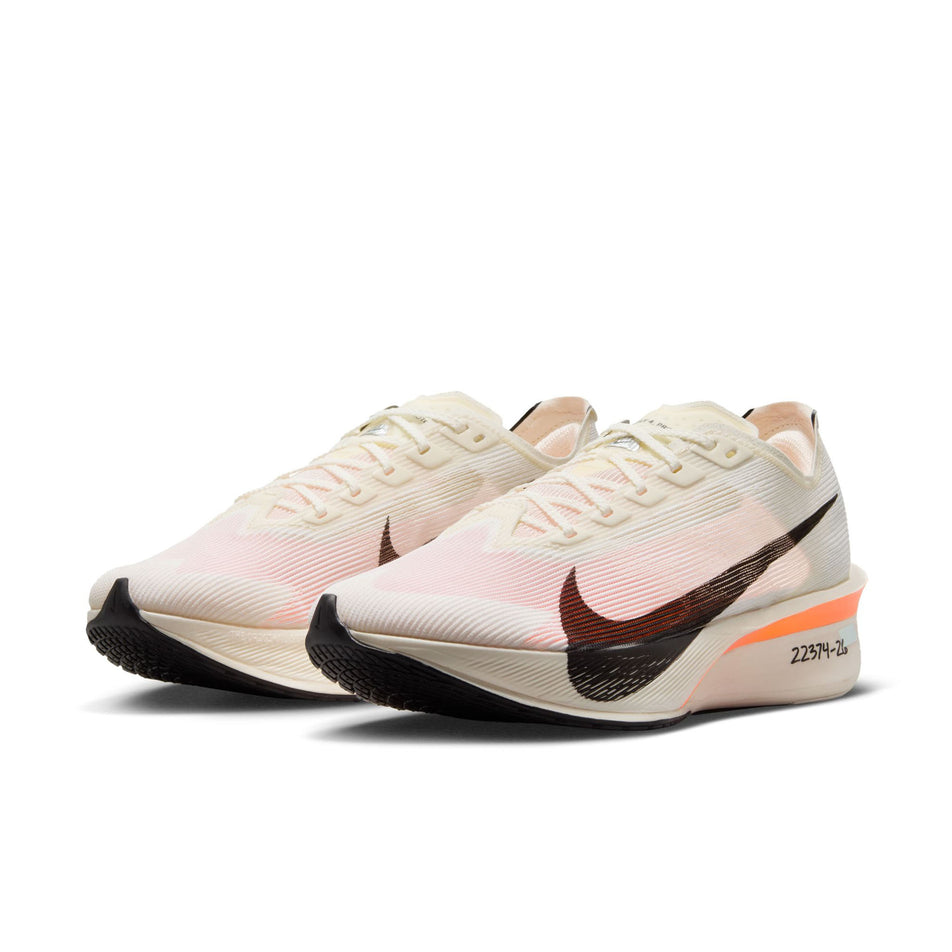 A pair of Nike Women's Vaporfly 4 Proto Road Racing Shoes in the Sail/Black-Total Orange-White colourway. (8635888500898)