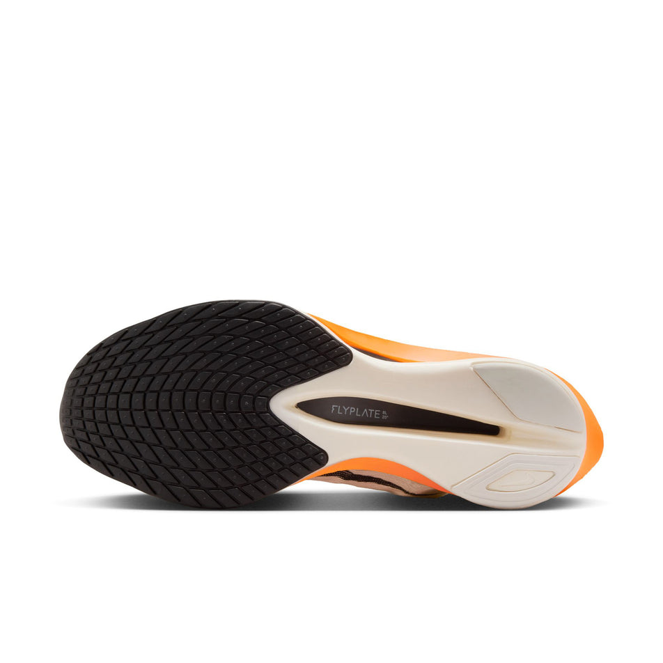 The outsole of the left shoe from a pair of Nike Women's Vaporfly 4 Proto Road Racing Shoes in the Sail/Black-Total Orange-White colourway. (8635888500898)