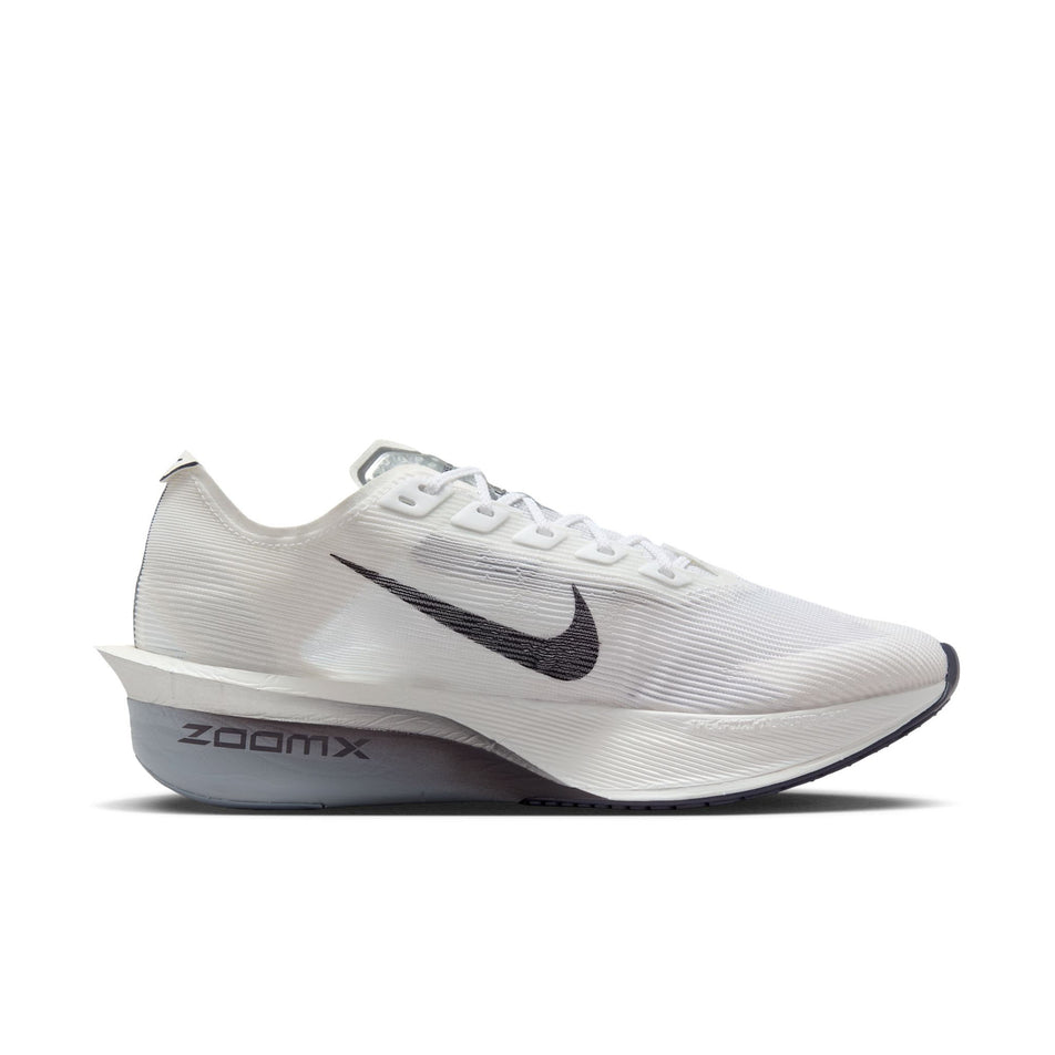 Medial view of the left shoe from a pair of Nike Women's Vaporfly 4 Road Racing Shoes in the White/Gridiron-Obsidian Mist colourway. (8614572720290)