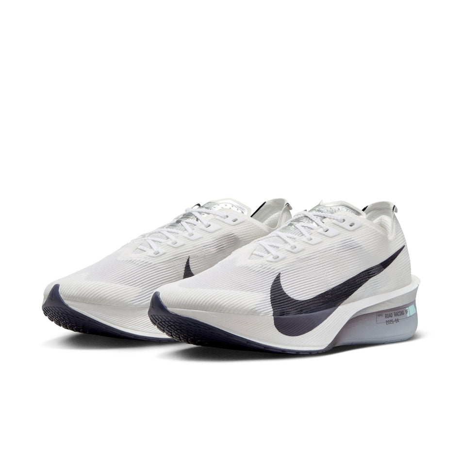 A pair of Nike Women's Vaporfly 4 Road Racing Shoes in the White/Gridiron-Obsidian Mist colourway. (8614572720290)