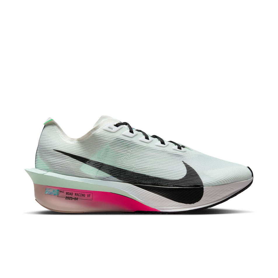 Lateral view of the right shoe from a pair of Nike Women's Vaporfly 4 Road Racing Shoes in the White/Black-Hyper Pink-Mint Foam colourway. (8684673007778)
