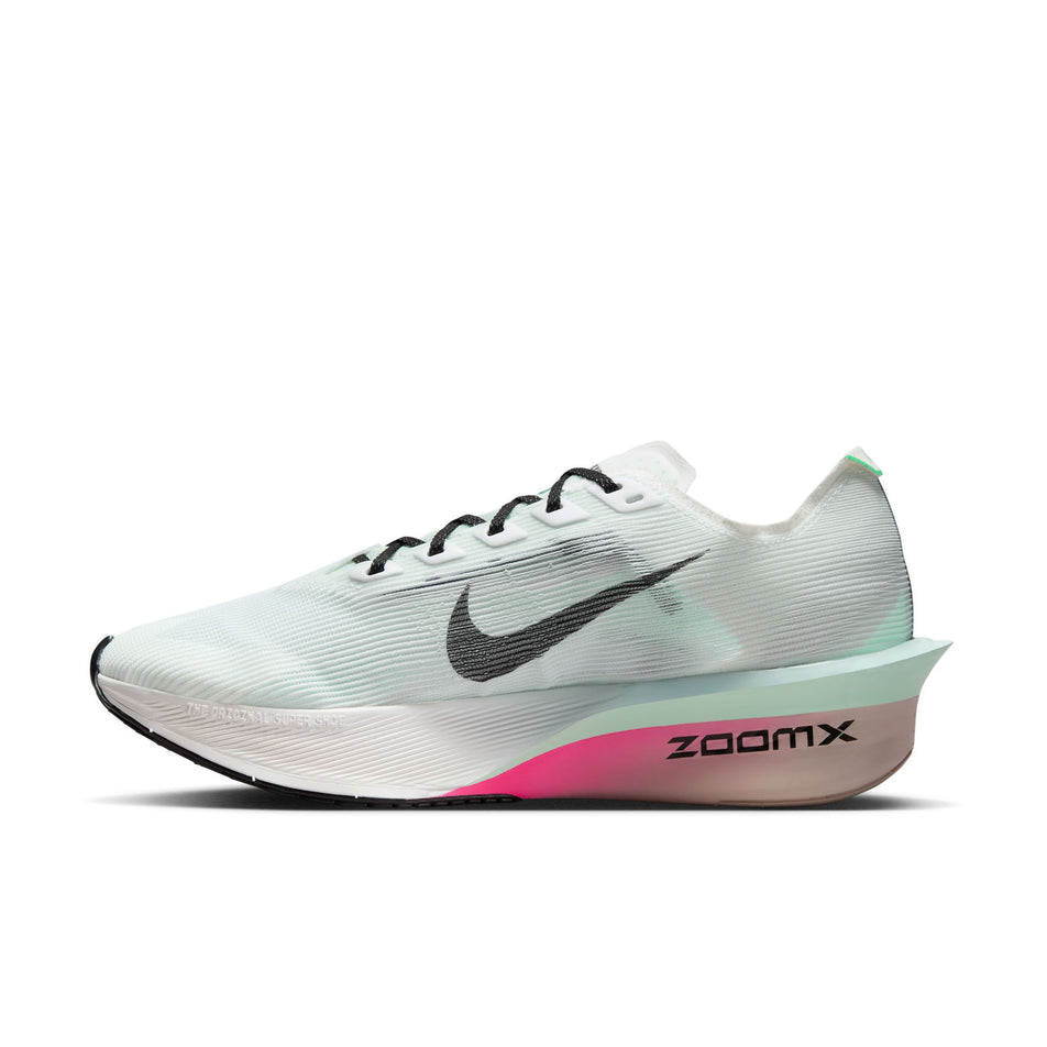 Medial view of the right shoe from a pair of Nike Women's Vaporfly 4 Road Racing Shoes in the White/Black-Hyper Pink-Mint Foam colourway. (8684673007778)