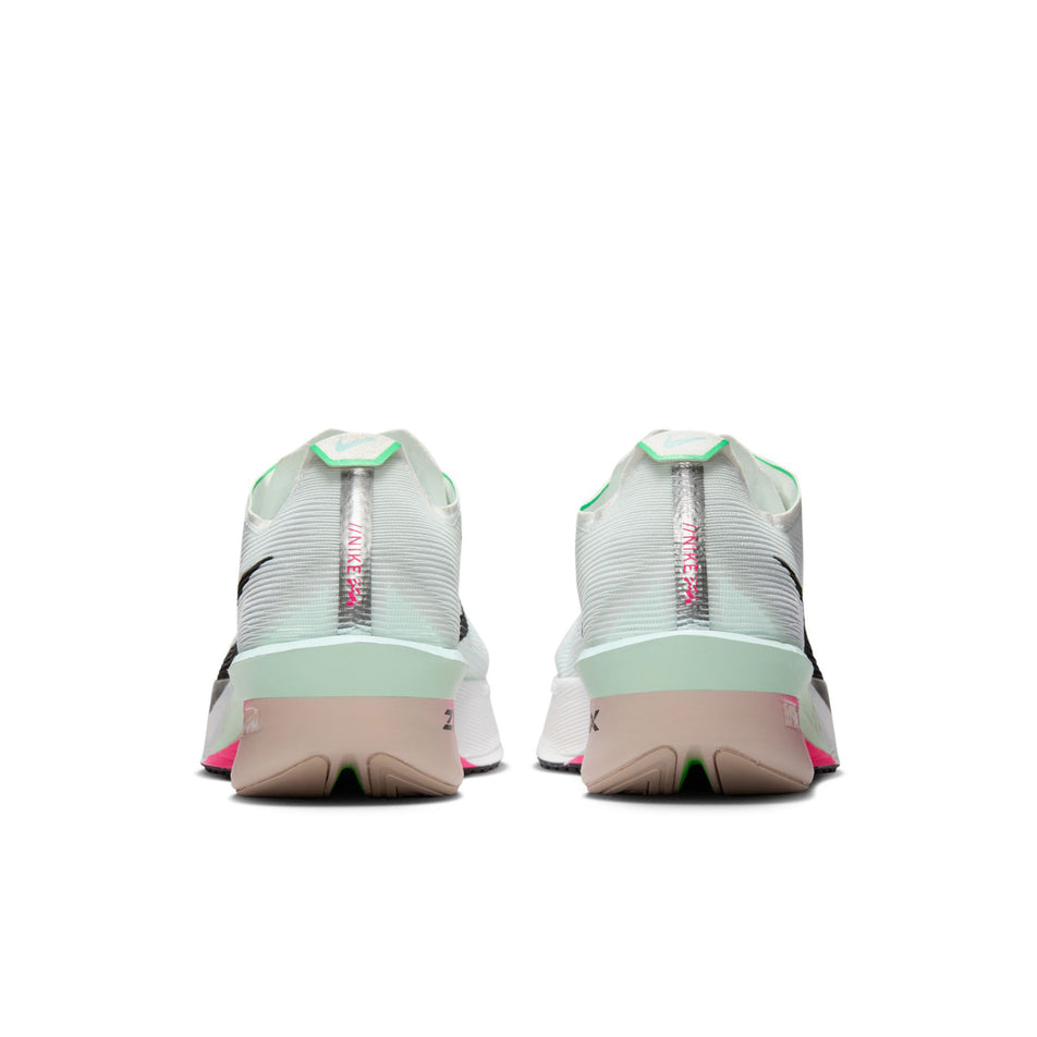 The back of a pair of Nike Women's Vaporfly 4 Road Racing Shoes in the White/Black-Hyper Pink-Mint Foam colourway. (8684673007778)