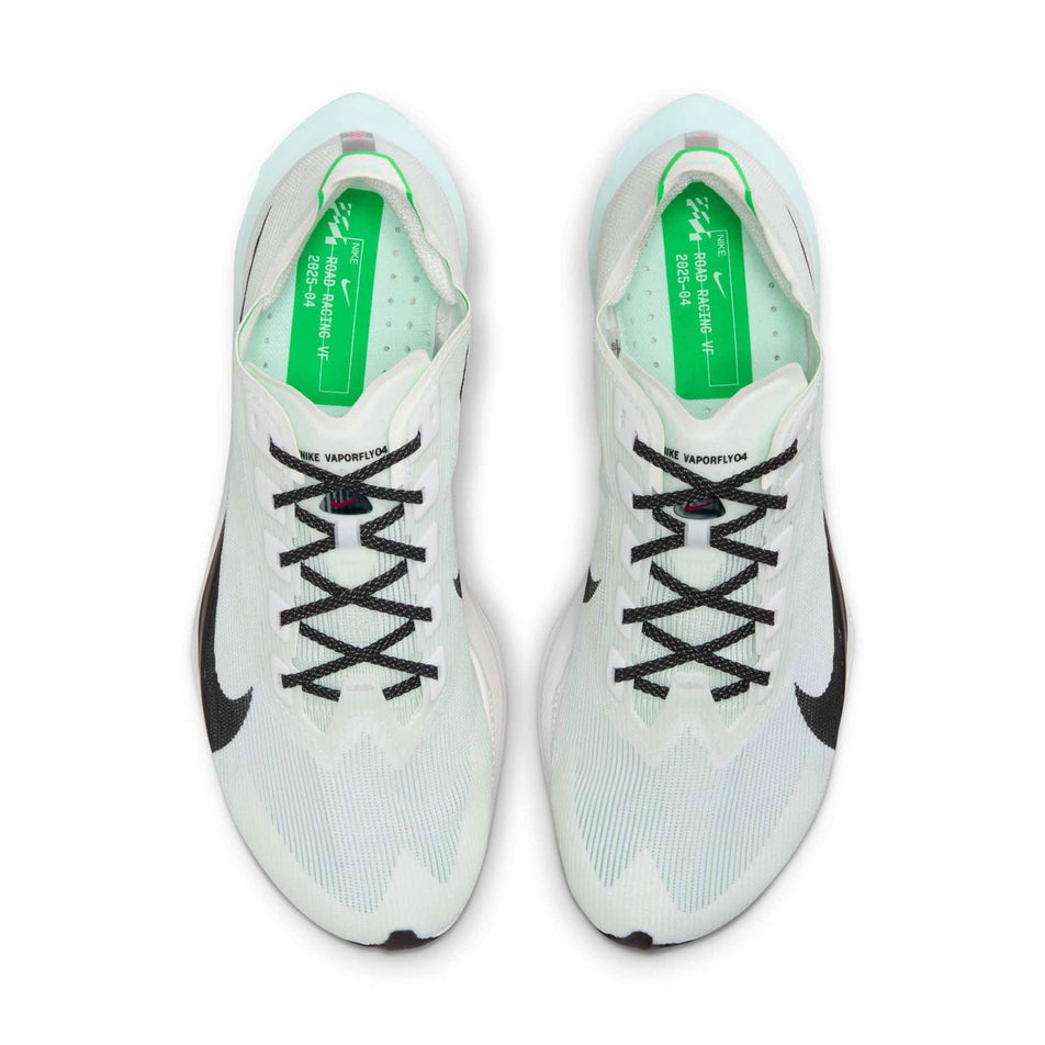 The uppers of a pair of Nike Women's Vaporfly 4 Road Racing Shoes in the White/Black-Hyper Pink-Mint Foam colourway. (8684673007778)