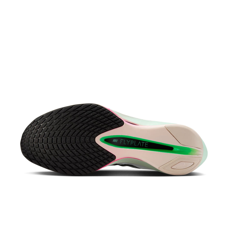 The outsole of the left shoe from a pair of Nike Women's Vaporfly 4 Road Racing Shoes in the White/Black-Hyper Pink-Mint Foam colourway. (8684673007778)