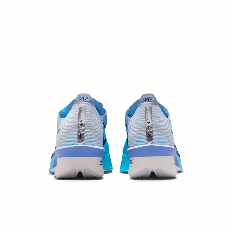 The back of a pair of Nike Women's Vaporfly 4 Road Racing Shoes in the White/Midnight Navy-Hydrogen Blue colourway.