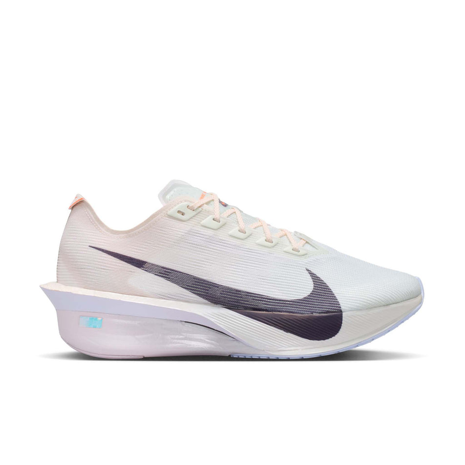 Lateral view of the right shoe from a pair of Nike Women's Vaporfly 4 Road Racing Shoes in the Barely Green/Purple Dynasty-Chalk colourway.