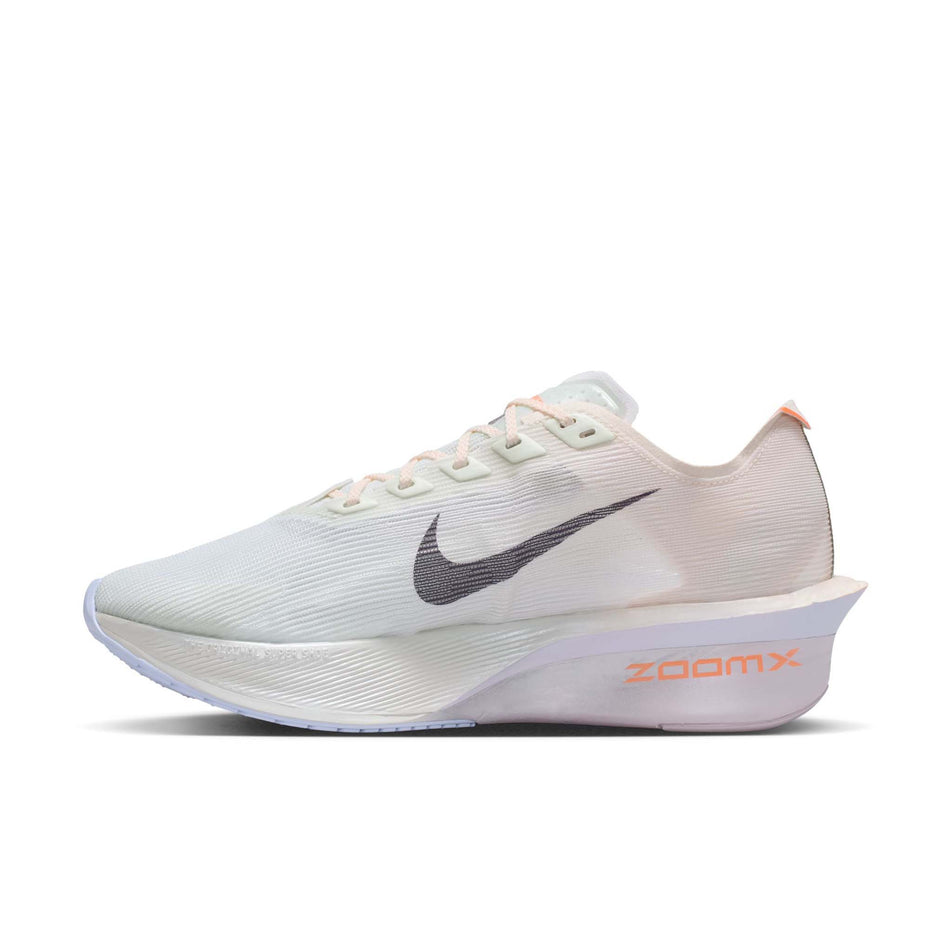 Medial view of the right shoe from a pair of Nike Women's Vaporfly 4 Road Racing Shoes in the Barely Green/Purple Dynasty-Chalk colourway.