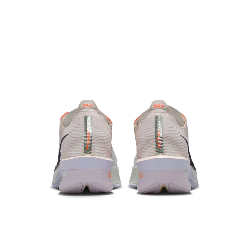The back of a pair of Nike Women's Vaporfly 4 Road Racing Shoes in the Barely Green/Purple Dynasty-Chalk colourway.