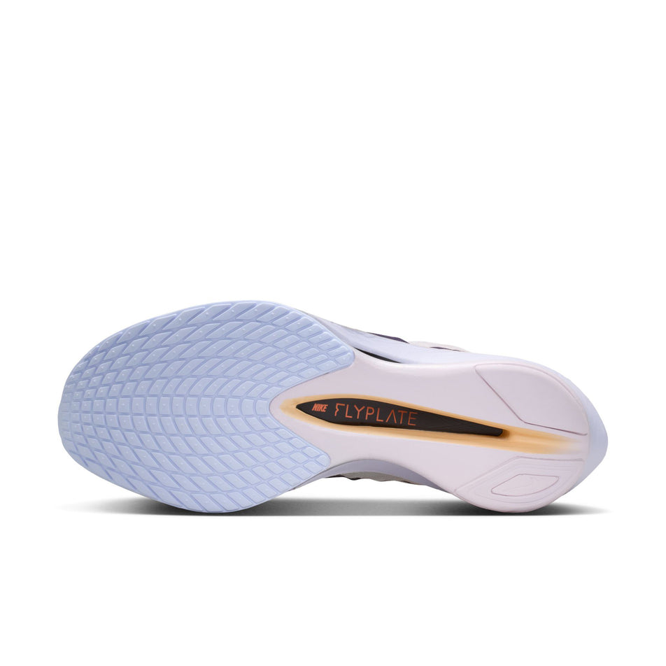 The outsole of the left shoe from a pair of Nike Women's Vaporfly 4 Road Racing Shoes in the Barely Green/Purple Dynasty-Chalk colourway.