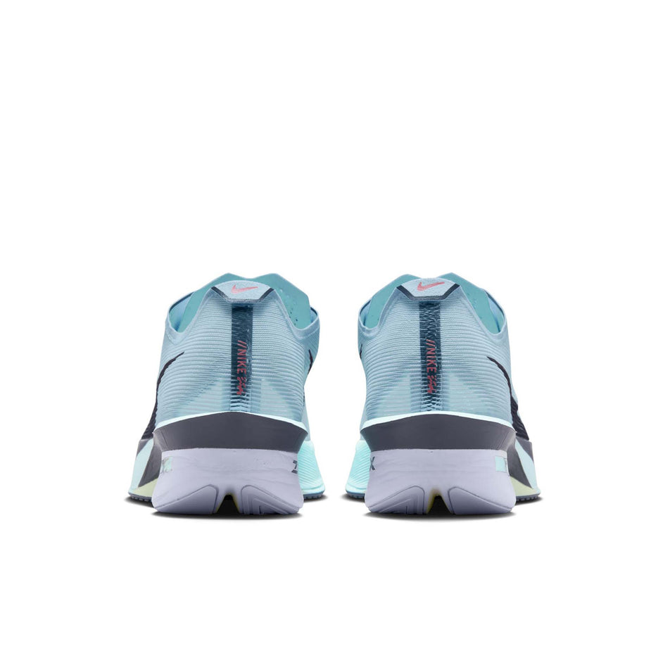The back of a pair of Nike Women's Vaporfly 4 Road Racing Shoes in the Glacier Blue/Gridiron-Blue Tint colourway. (8614577569954)