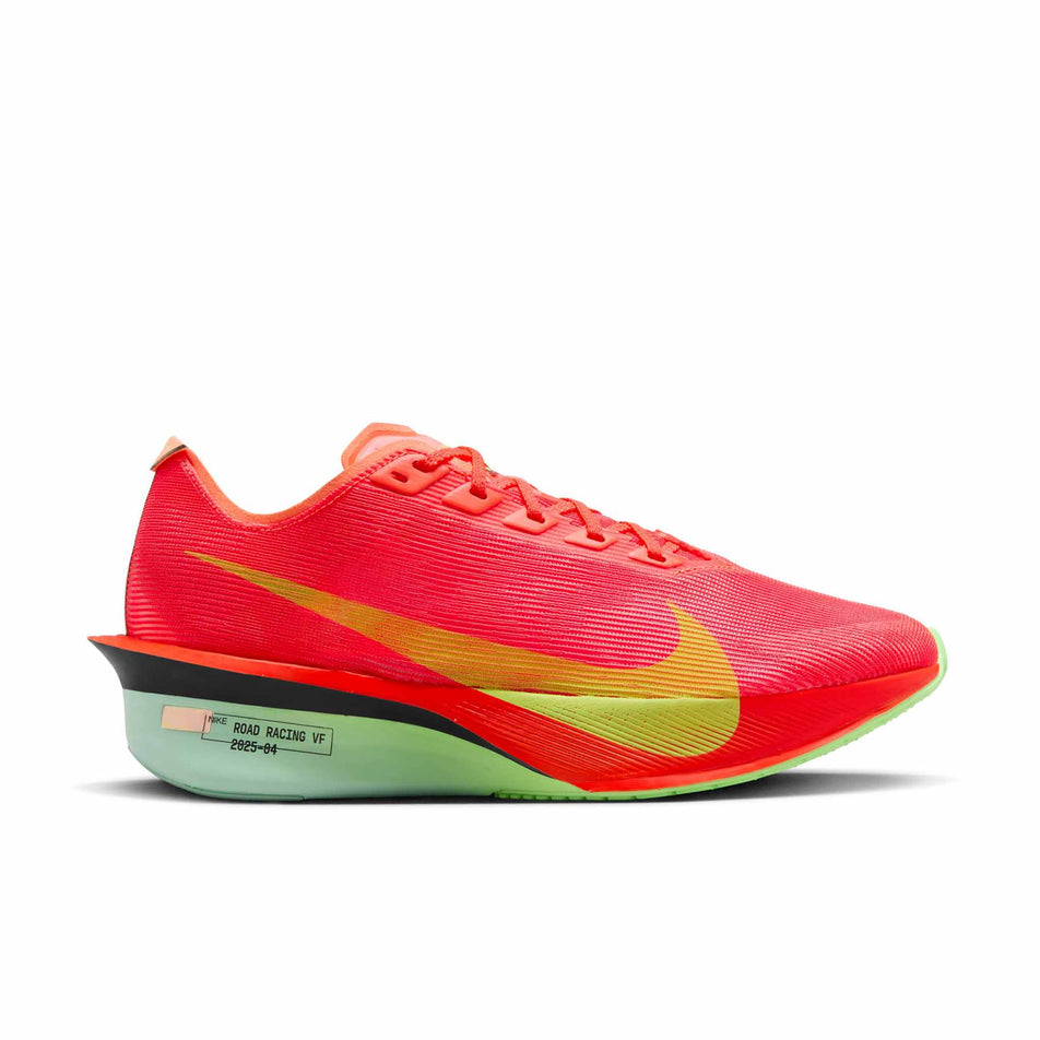 Lateral view of the right shoe from a pair of Nike Women's Vaporfly 4 Road Racing Shoes in the Bright Crimson/Lime Blast-Mint Foam colourway. (8614579929250)