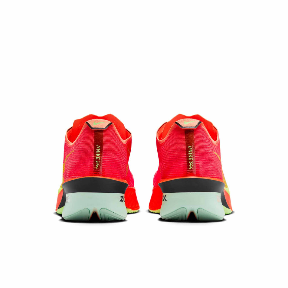 The back of a pair of Nike Women's Vaporfly 4 Road Racing Shoes in the Bright Crimson/Lime Blast-Mint Foam colourway. (8614579929250)