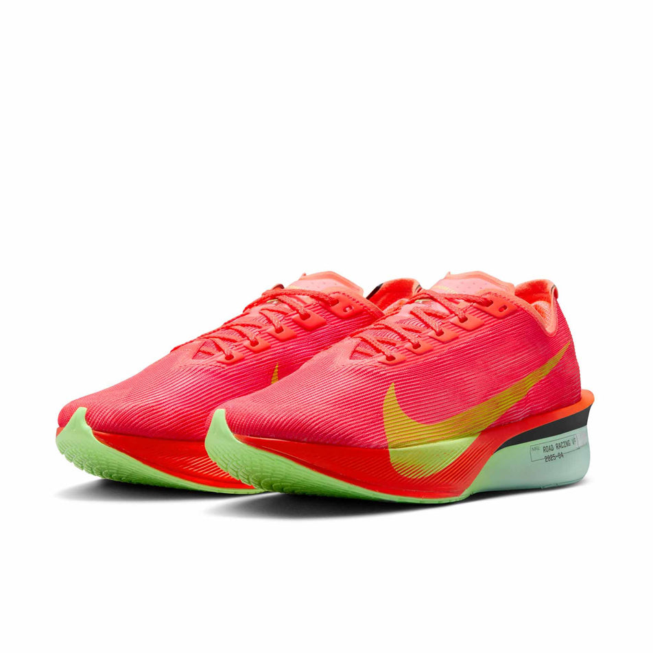 A pair of Nike Women's Vaporfly 4 Road Racing Shoes in the Bright Crimson/Lime Blast-Mint Foam colourway. (8614579929250)