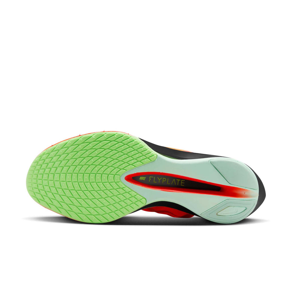 The outsole of the left shoe from a pair of Nike Women's Vaporfly 4 Road Racing Shoes in the Bright Crimson/Lime Blast-Mint Foam colourway. (8614579929250)