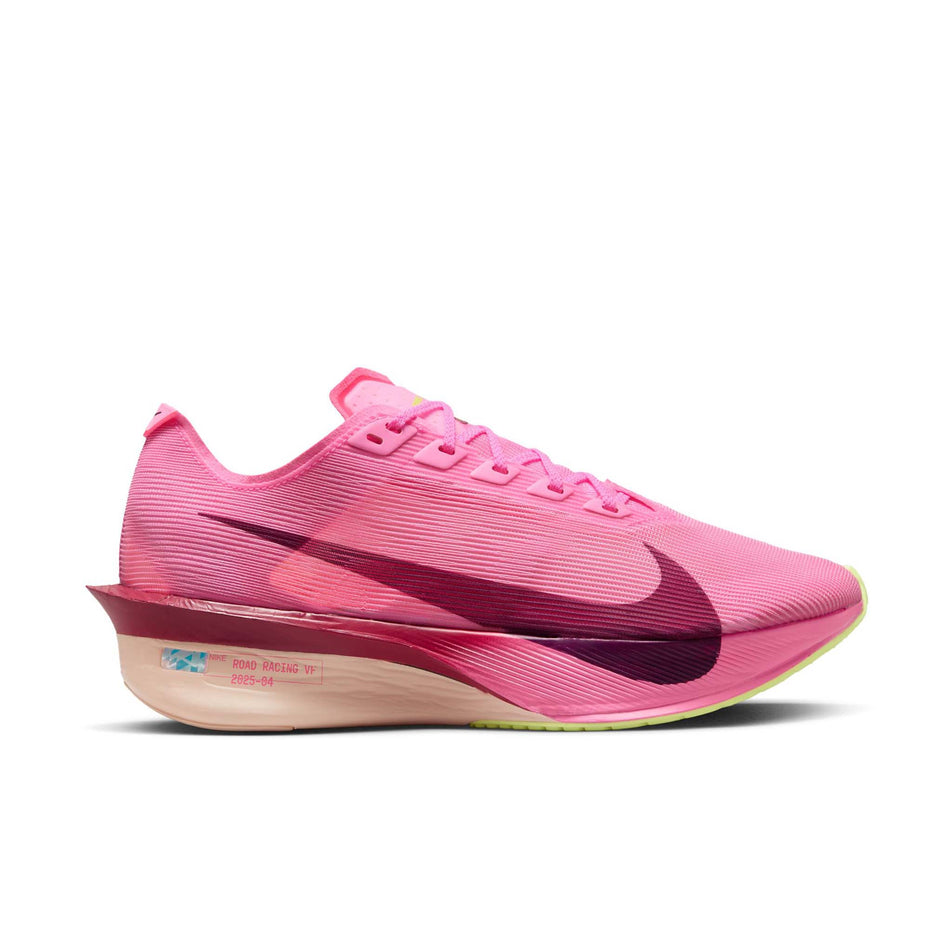 Lateral view of the right shoe from a pair of Nike Women's Vaporfly 4 Road Racing Shoes in the Pink Spell/Bordeaux-Hyper Pink-Volt Ice colourway. (8756141195426)