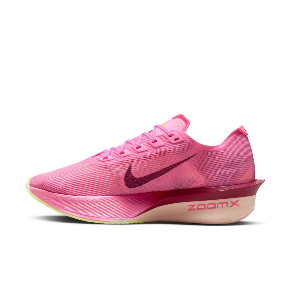 Medial view of the right shoe from a pair of Nike Women's Vaporfly 4 Road Racing Shoes in the Pink Spell/Bordeaux-Hyper Pink-Volt Ice colourway. (8756141195426)