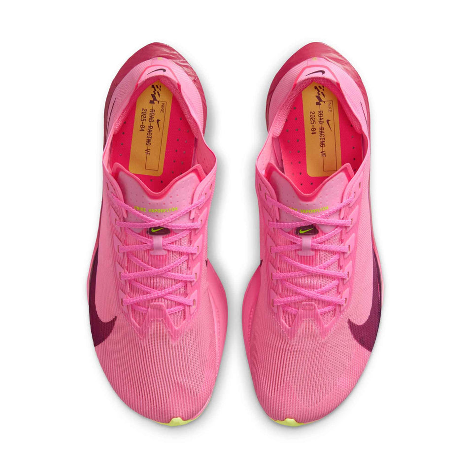 The uppers of a pair of Nike Women's Vaporfly 4 Road Racing Shoes in the Pink Spell/Bordeaux-Hyper Pink-Volt Ice colourway. (8756141195426)