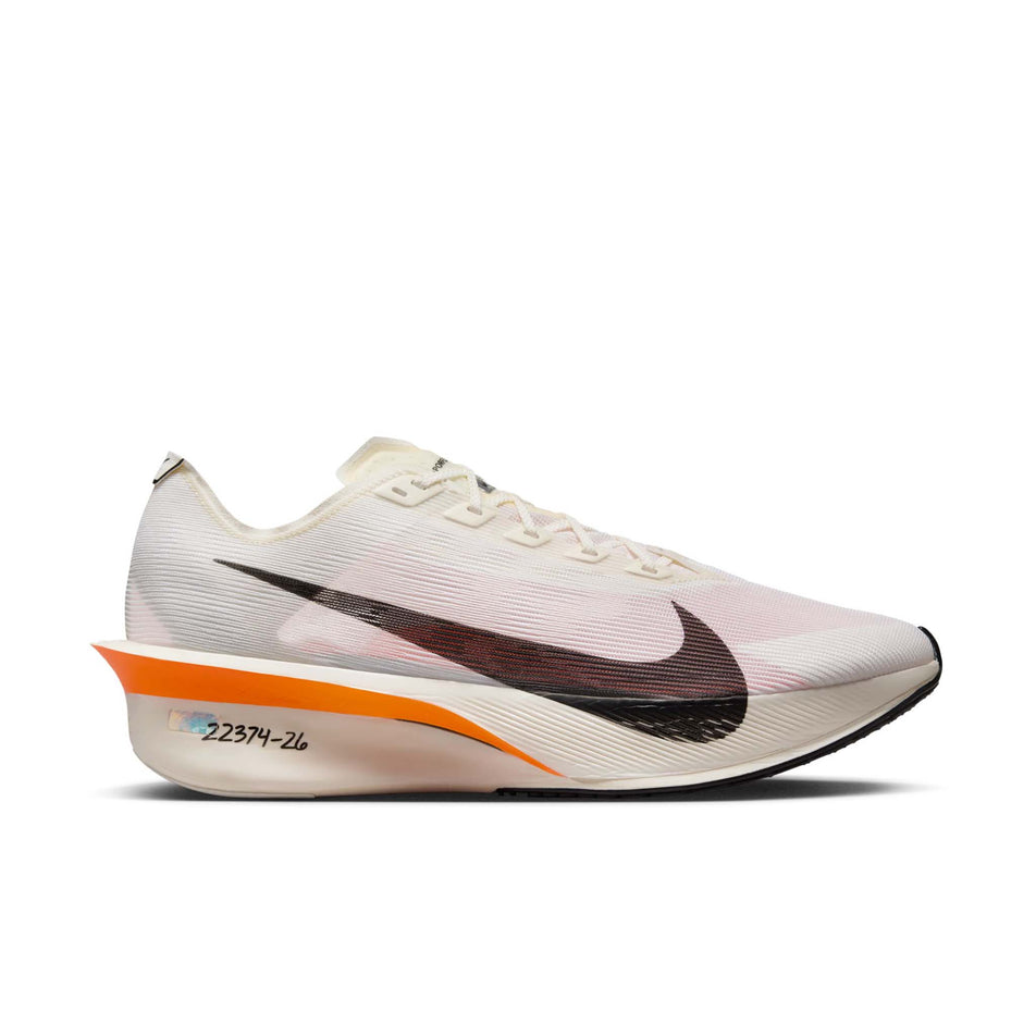 Lateral view of the right shoe from a pair of Nike Men's Vaporfly 4 Proto Road Racing Shoes in the Sail/Black-Total Orange-White colourway. (8635866808482)