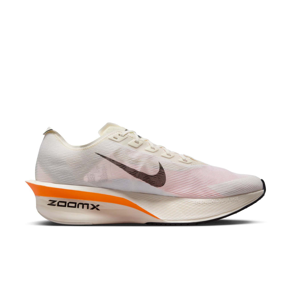 Medial view of the left shoe from a pair of Nike Men's Vaporfly 4 Proto Road Racing Shoes in the Sail/Black-Total Orange-White colourway. (8635866808482)