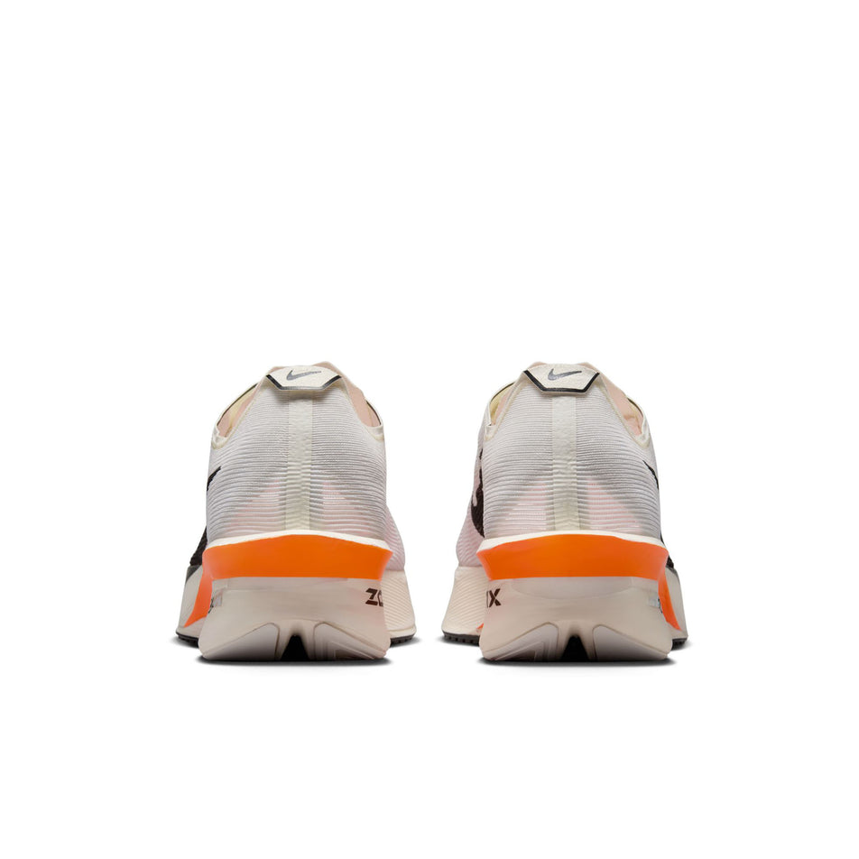 The back of a pair of Nike Men's Vaporfly 4 Proto Road Racing Shoes in the Sail/Black-Total Orange-White colourway. (8635866808482)