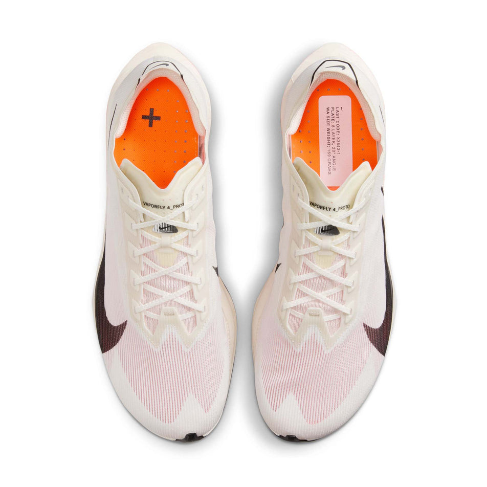 The uppers of a pair of Nike Men's Vaporfly 4 Proto Road Racing Shoes in the Sail/Black-Total Orange-White colourway. (8635866808482)