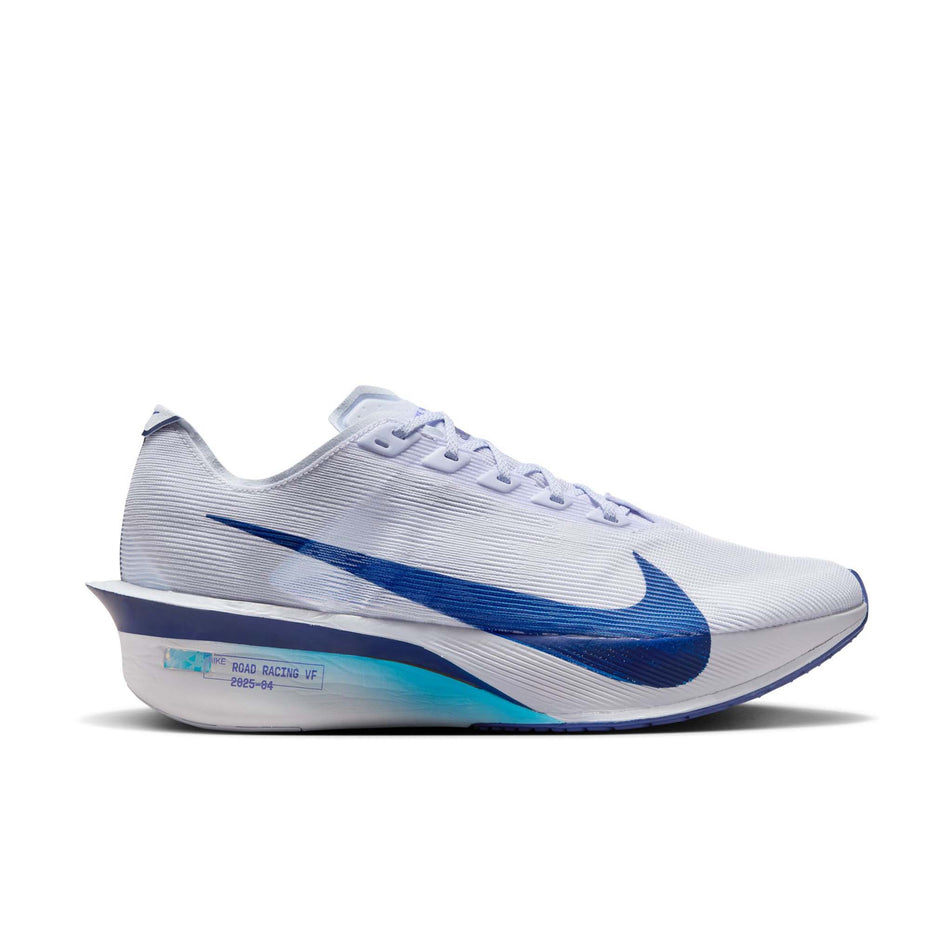 Lateral view of the right shoe from a pair of Nike Men's Vaporfly 4 Road Racing Shoes in the Ghost/Blue Void-Persian Violet colourway. (8613787304098)