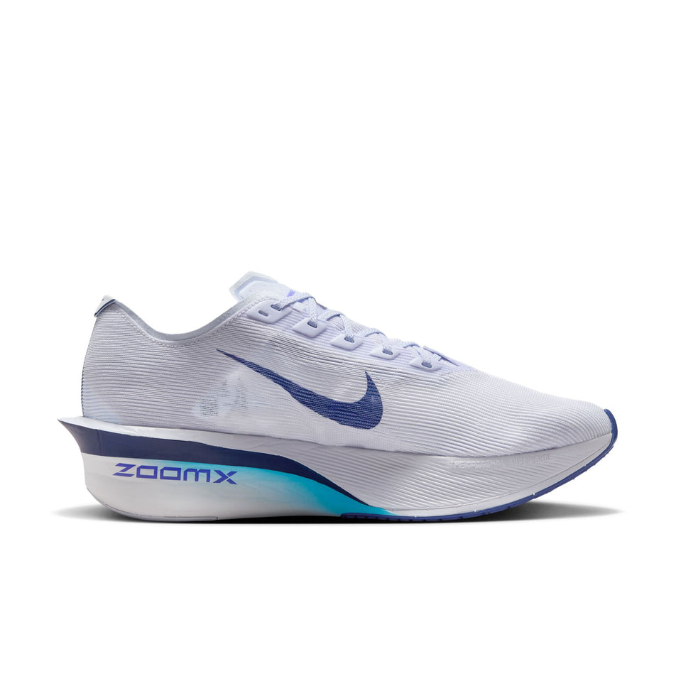 Medial view of the left shoe from a pair of Nike Men's Vaporfly 4 Road Racing Shoes in the Ghost/Blue Void-Persian Violet colourway. (8613787304098)