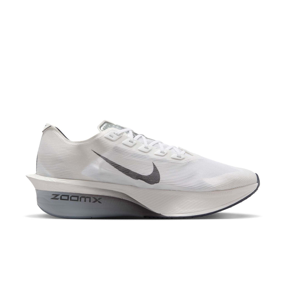 Medial view of the left shoe from a pair of Nike Men's Vaporfly 4 Road Racing Shoes in the White/Gridiron-Obsidian Mist colourway. (8613796184226)