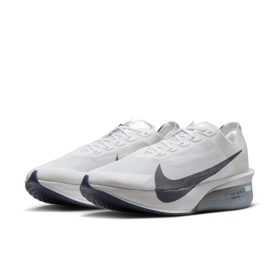 Medial view of the right shoe from a pair of Nike Men's Vaporfly 4 Road Racing Shoes in the White/Gridiron-Obsidian Mist colourway. (8613796184226)