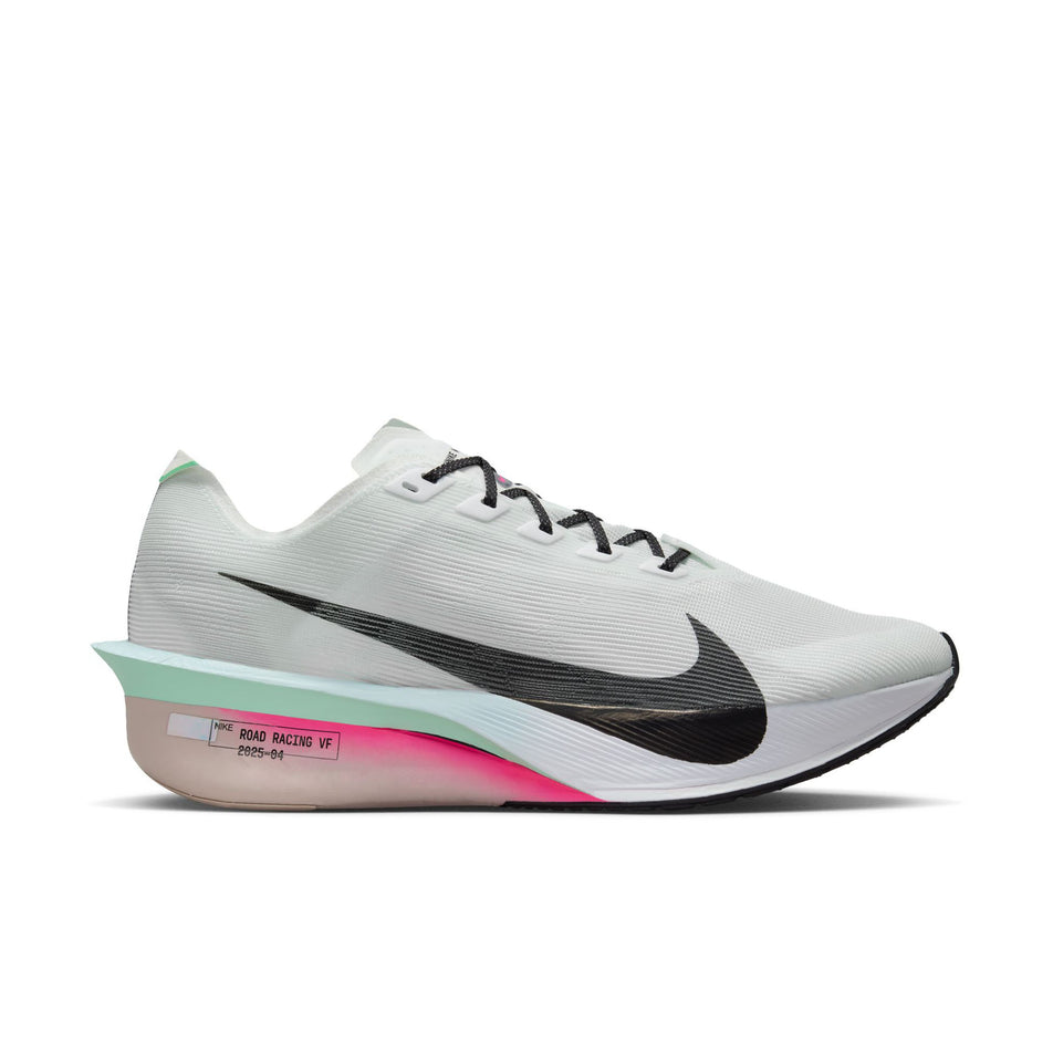 Lateral view of the right shoe from a pair of Nike Men's Vaporfly 4 Road Racing Shoes in the White/Black-Hyper Pink-Mint Foam colourway. (8683258413218)