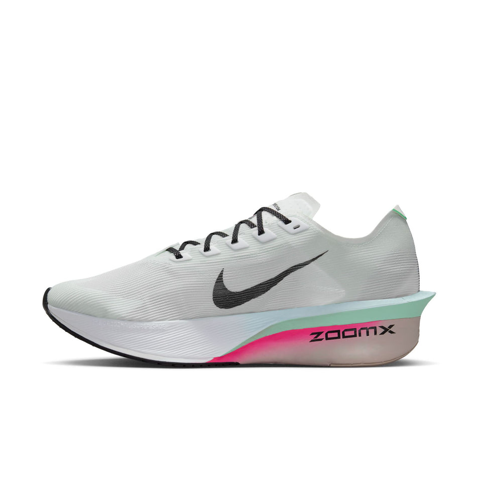 Medial view of the right shoe from a pair of Nike Men's Vaporfly 4 Road Racing Shoes in the White/Black-Hyper Pink-Mint Foam colourway. (8683258413218)