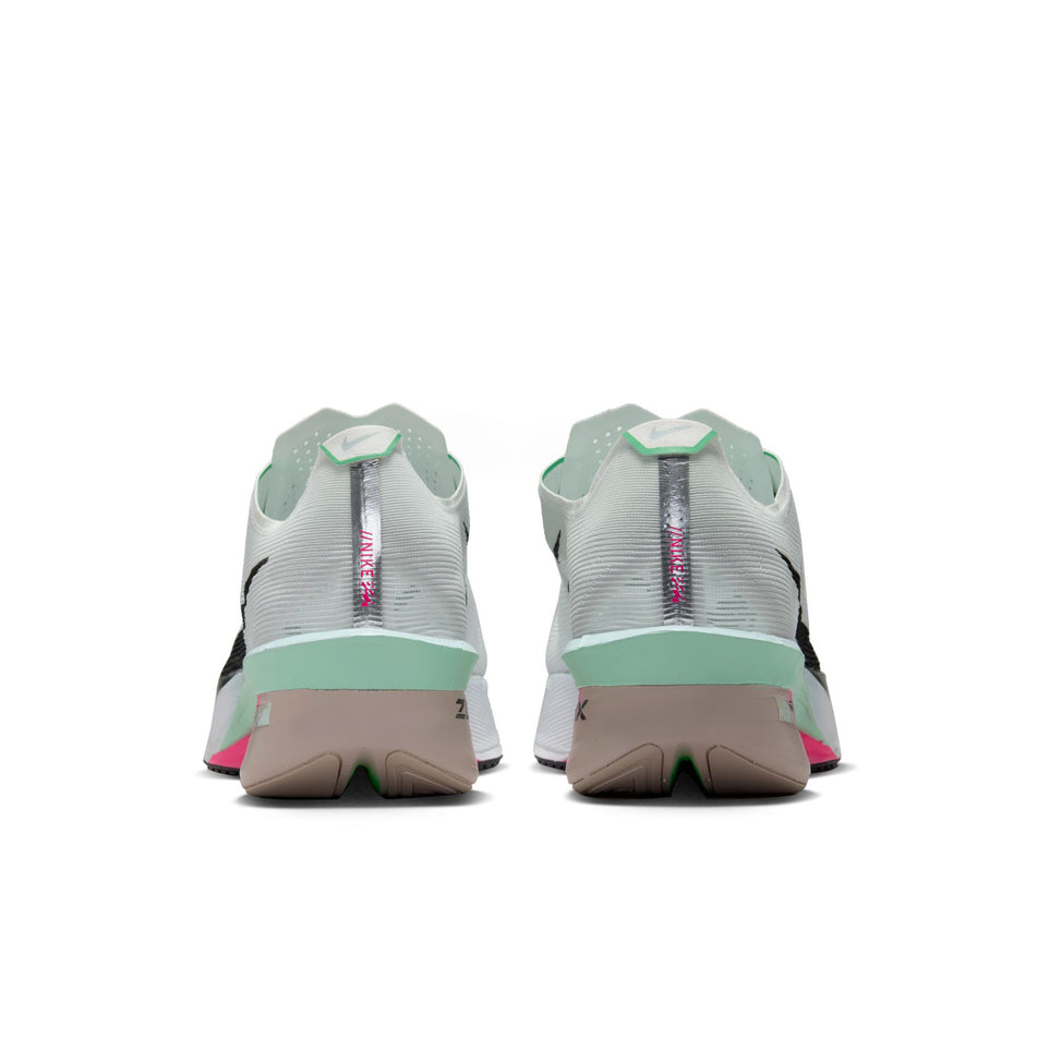 The back of a pair of Nike Men's Vaporfly 4 Road Racing Shoes in the White/Black-Hyper Pink-Mint Foam colourway. (8683258413218)