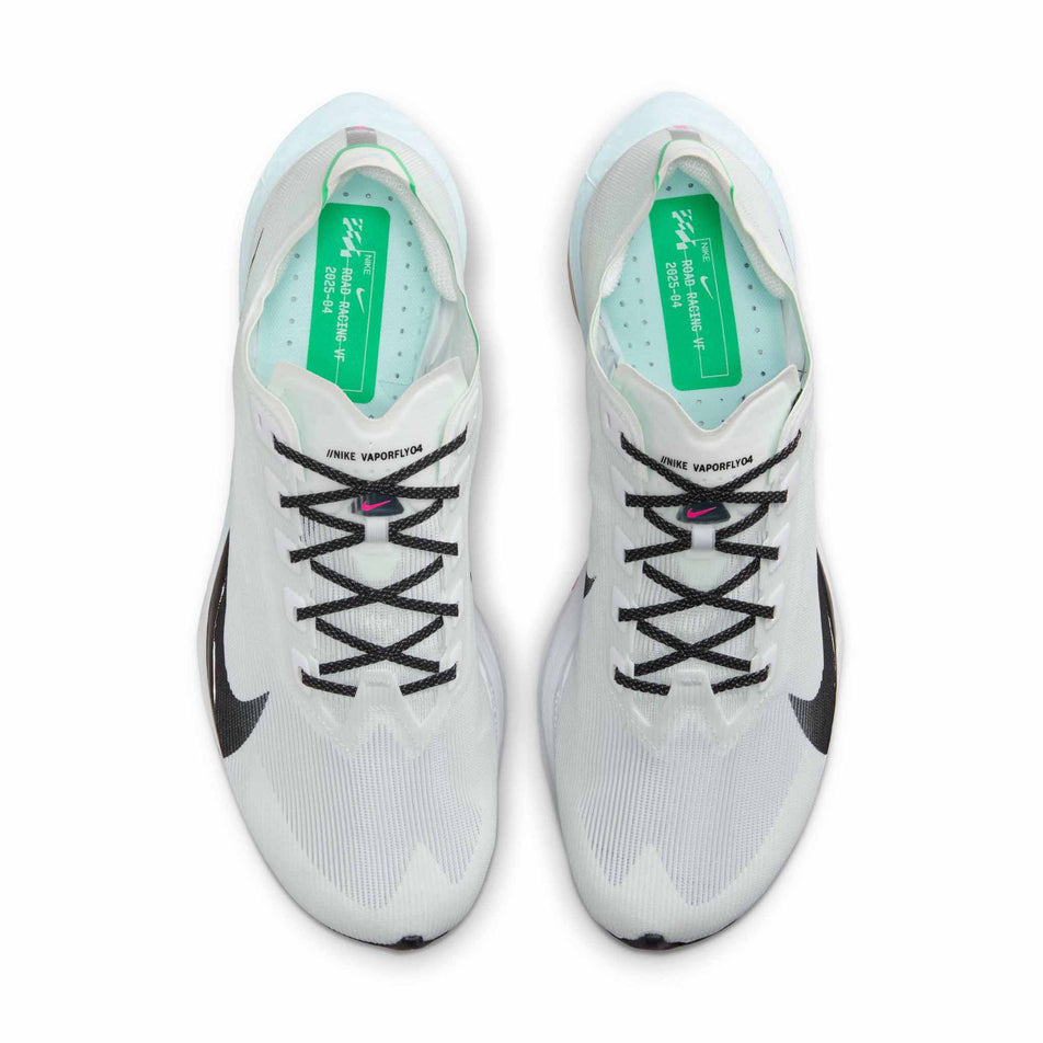The uppers of a pair of Nike Men's Vaporfly 4 Road Racing Shoes in the White/Black-Hyper Pink-Mint Foam colourway. (8683258413218)