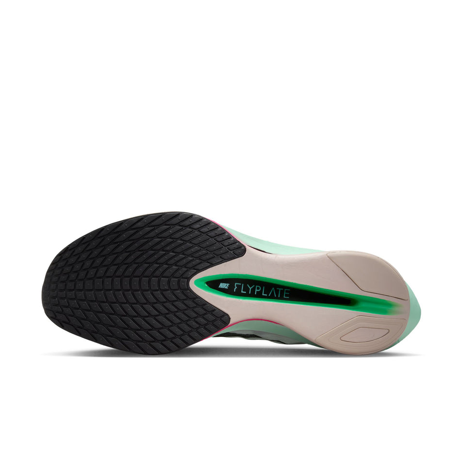 The outsole of the left shoe from a pair of Nike Men's Vaporfly 4 Road Racing Shoes in the White/Black-Hyper Pink-Mint Foam colourway. (8683258413218)