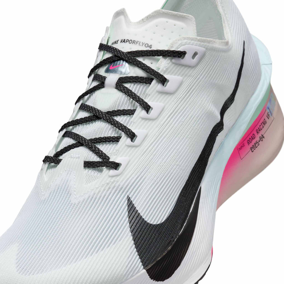 Close up of the upper from a pair of Nike Men's Vaporfly 4 Road Racing Shoes in the White/Black-Hyper Pink-Mint Foam colourway. (8683258413218)