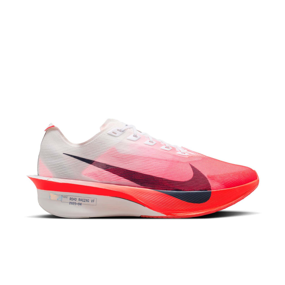 Lateral view of the right shoe from a pair of Nike Men's Vaporfly 4 Road Racing Shoes in the White/Midnight Navy-Bright Crimson colourway.