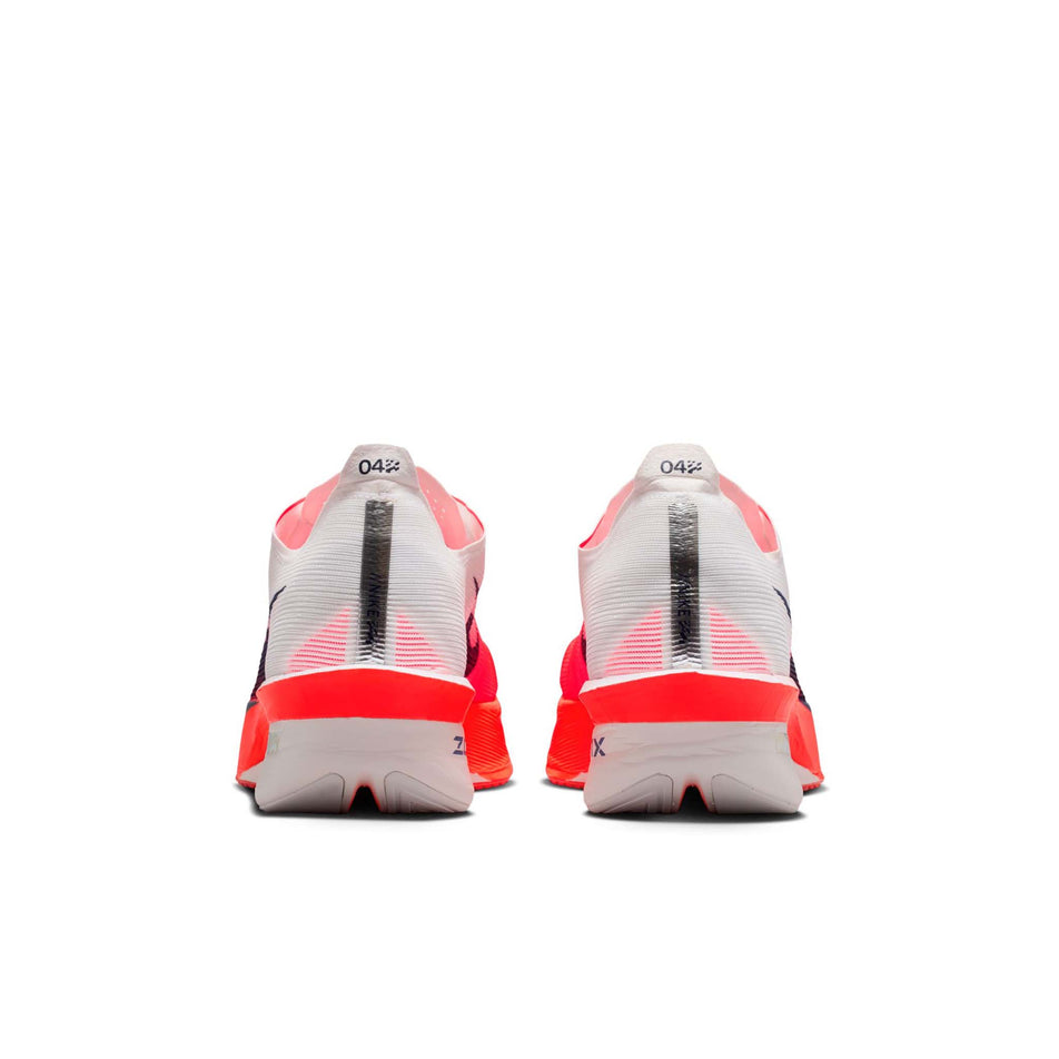 The back of a pair of Nike Men's Vaporfly 4 Road Racing Shoes in the White/Midnight Navy-Bright Crimson colourway.